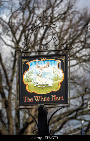 Beautiful pub sign for 18th century coaching house The White Hart in Crawley High Street. Stock Photo