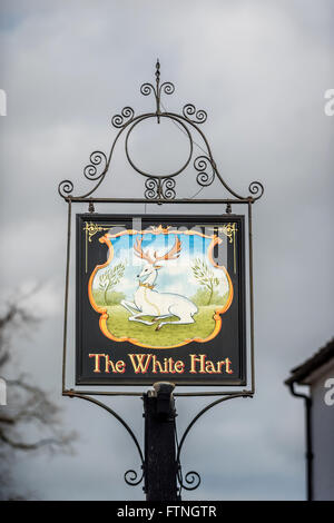 Beautiful pub sign for 18th century coaching house The White Hart in Crawley High Street. Stock Photo