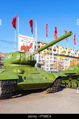 Famous soviet medium tank T-34-85,  version with larger 85mm gun at the Kuibyshev Square Stock Photo