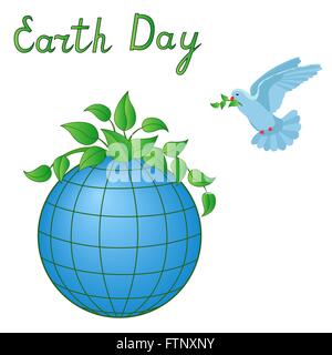 Earth Day Vector artwork with stylized Earth planet, pigeon and topical inscription isolated over white Stock Vector