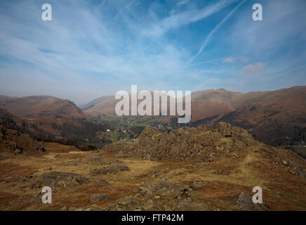 Helm Crag Seat Sandal and Fairfield from near Dow Bank above Grasmere Lake District Cumbria England Stock Photo