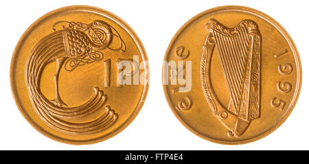 Bronze 1 penny 1995 coin isolated on white background, Ireland Stock Photo