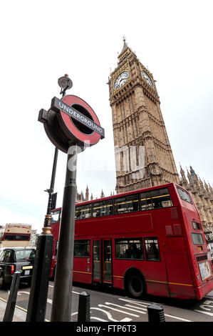 Big Bus in front of Big Ben in London Stock Photo