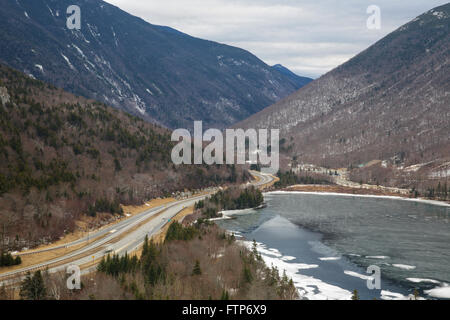 Franconia Notch State Park from Artists Bluff in the New Hampshire White Mountains USA during the winter months. Stock Photo