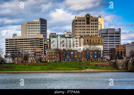 The Susquehanna River and buildings in downtown, in Harrisburg, Pennsylvania. Stock Photo