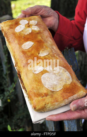 Person holding flaky apple pie - apfelstrudel - typical German dessert Stock Photo