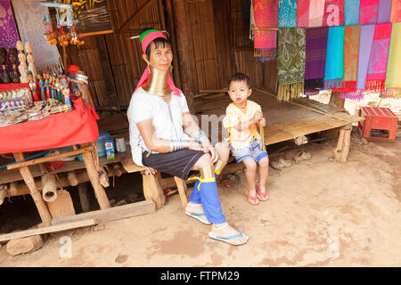 Mother and child at the Hill Tribe of Northern Thailand the long neck people in Palong village Stock Photo