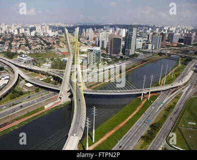 Aerial view of the Cable-Stayed Bridge Octavio Frias de Oliveira over the Pinheiros River in the city of Sao Paulo Stock Photo