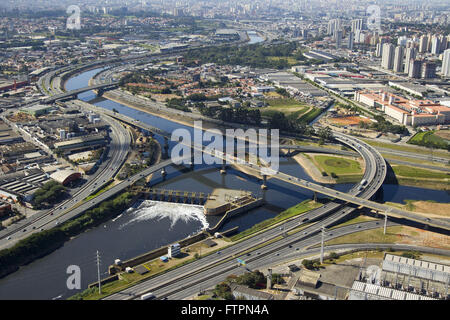 Aerial view of river and Marginal Tiete and viaducts access to Castelo Branco Highway Stock Photo