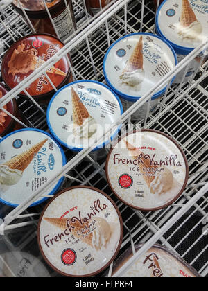 Pints of Trader Joe's brand vanilla ice cream in a freezer in New York on Tuesday, March 29, 2016. Because of a poor harvest in Madagascar the price of vanilla has jumped 150%. Madagascar is the largest producer of vanilla with Mexico and Tahiti other other suppliers. (© Richard B. Levine) Stock Photo