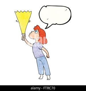 freehand speech bubble textured cartoon woman searching with torch Stock Vector