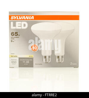 Winneconne, WI - 29 March 2016:  A box of 60w LED lightbulbs made by Sylvania Stock Photo