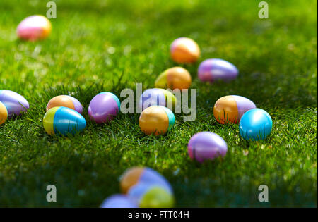 Plastic multicolored easter eggs laying on green grass with shallow depth of field Stock Photo