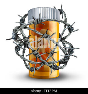 Prescription drug security and medication safety concept as a 3D bottle of pills wrapped with barbed or barb wire as a medical metaphor for pharmacy drugs risk and dosage danger. Stock Photo