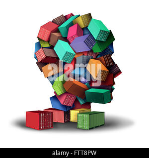 Cargo freight strategy 3D illustration concept and intelligent shipment symbol as a group of transport shipping containers stacked in the shape of a human head as an icon for planning of export and import distribution. Stock Photo