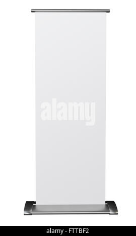 Roll up blank banner isolated on white background. 3D rendering. Stock Photo
