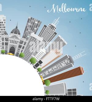 Melbourne Skyline with Gray Buildings and Blue Sky. Vector Illustration. Business Travel and Tourism Concept with Copy Space. Stock Vector