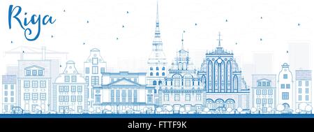 Outline Riga Skyline with Blue Landmarks. Vector Illustration. Business Travel and Tourism Concept with Historic Buildings. Stock Vector