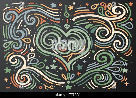 Hand drawn vintage print with decorative outline heart. Hand drawn swirl illustration of ethnic style. Vintage background. Stock Vector