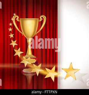 Golden sports cup on red curtain background with stars. vector illustration Stock Vector