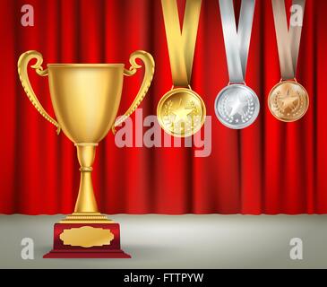 golden trophy cup and set of medals with ribbons on red curtain background. Sports competition awards collection. Vector design Stock Vector