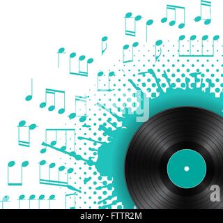 Vinyl disc with color splash with musical notes on white background. Audio abstract design template with blue blot. Vector Stock Vector