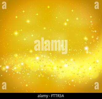 Golden abstract background with flowing light and glittering stars. Vector design template Stock Vector