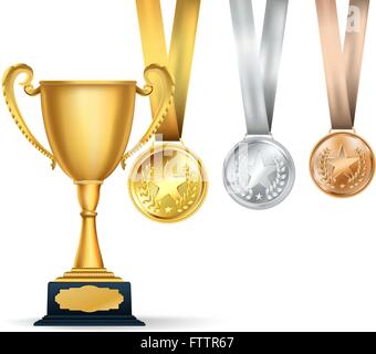 Golden trophy cup and set of medals with ribbons on white background. Sports competition awards composition. Vector design Stock Vector