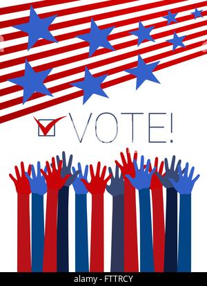 Vote conceptual illustration with raising hands, red stripes and blue stars. Vector Stock Vector