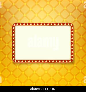 Shining light banner. Retro golden frame with neon lights. Billboard with space for text on background with royal pattern Stock Vector