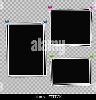 Photo album set of photo frames with white border on transparent background. Composition of photographic frames with color pins Stock Vector