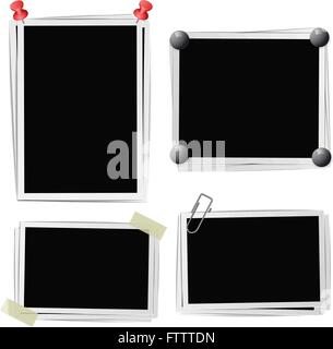 Set of photo frames with pins, pushpins, adhesive tape, clips on white. Vector illustration Stock Vector