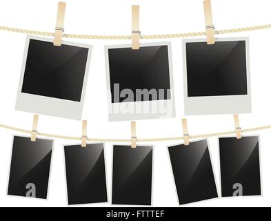 Photo frames hanging on clothesline with clothespins on white. Blank retro photographic frames. vector Stock Vector