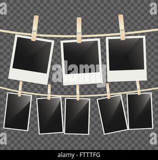 Photo frame hanging on rope. Blank photo paper frames, retro picture  exhibition with and clothespins. Vector image clean decoration vertical  wall card Stock Vector Image & Art - Alamy
