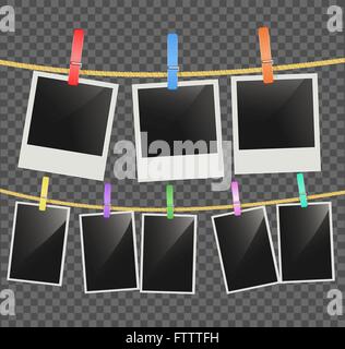 Photo empty frames on rope with wooden clothespins on transparent background. vector Stock Vector