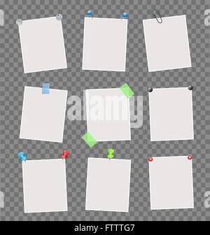 Collection of note papers on transparent background. Note papers sheets with scotch tapes,pushpins, pins, clips Stock Vector