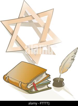 Ancient books and feather and Star of David sign as Judaic symbol on religion an knowledge theme. vector drawing illustration Stock Vector