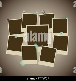 Set of ancient photo frames with pins, pushpins, adhesive tape, clips. vector illustration Stock Vector