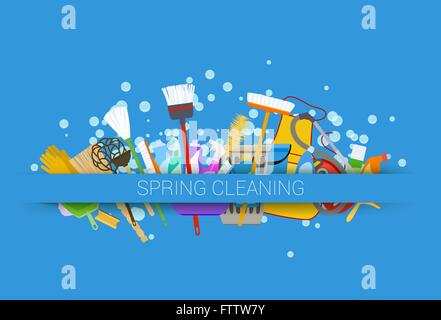 spring cleaning supplies blue background. tools of housecleaning with soap bubbles. vector illustration Stock Vector