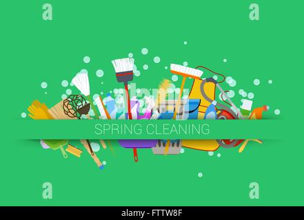 spring cleaning supplies green background. tools of housecleaning with soap bubbles. vector illustration Stock Vector