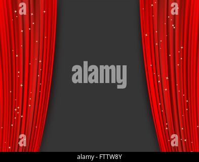 red theater curtains with glitter. abstract background with opera red drapes and glittering stars. horizontal vector illustratio Stock Vector