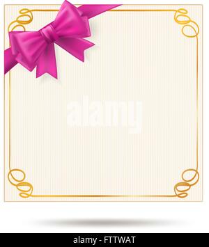 gift card with golden swirl frame and pink ribbon. Pink bow decoration on celebration card. vector illustration Stock Vector