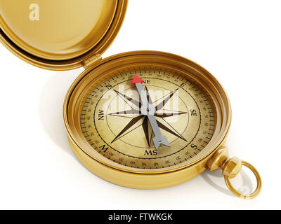 Vintage compass standing on old world map Stock Photo