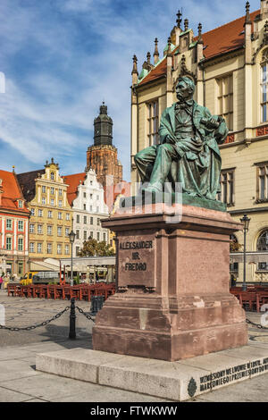 The statue of Alexander Fredro is located on the south side of the Rynek marketplace, Wroclaw, Poland, Europe Stock Photo