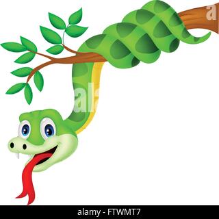 Cartoon green snake on branch Stock Vector