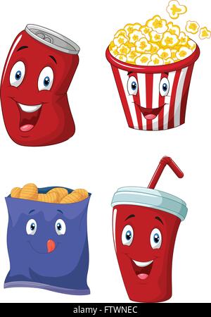 Popcorn, soft drink, french fries and potato chips Stock Vector