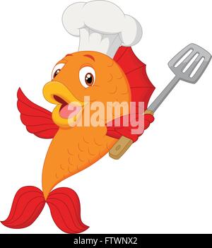 Cartoon chef fish holding spatula Stock Vector