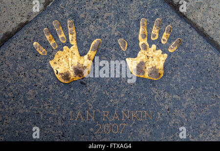 The hand-print of famous Scottish author Ian Rankin at the City Chambers in Edinburgh, Scotland. Stock Photo