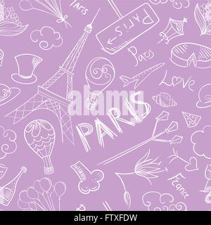 Seamless texture with doodle France symbols and letterings Stock Vector