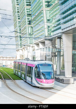 Electric tram in Snow Hill, Birmingham City Centre. England. Stock Photo